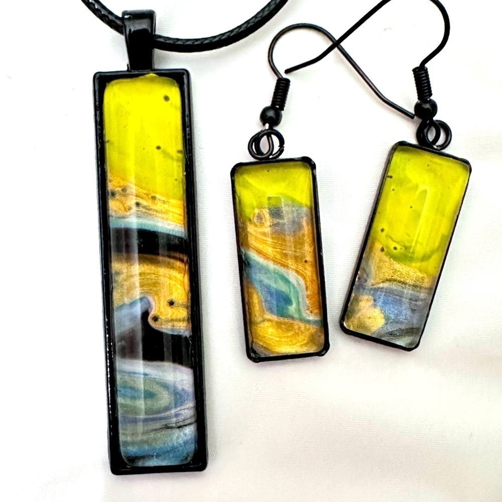 Jewelry Set Original Acrylic Pour Painting Colorful Abstract Art signed 5513 Y